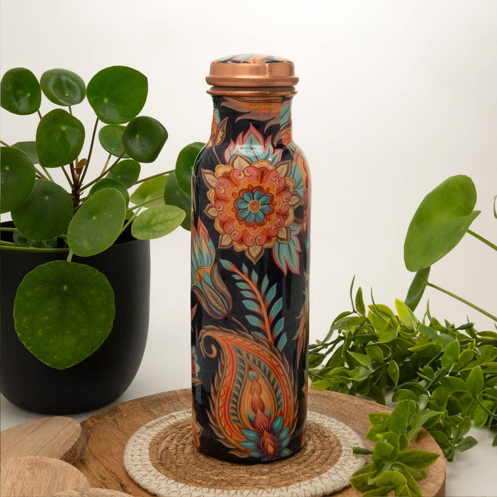 Pure Copper Water Bottle with Floral Print
