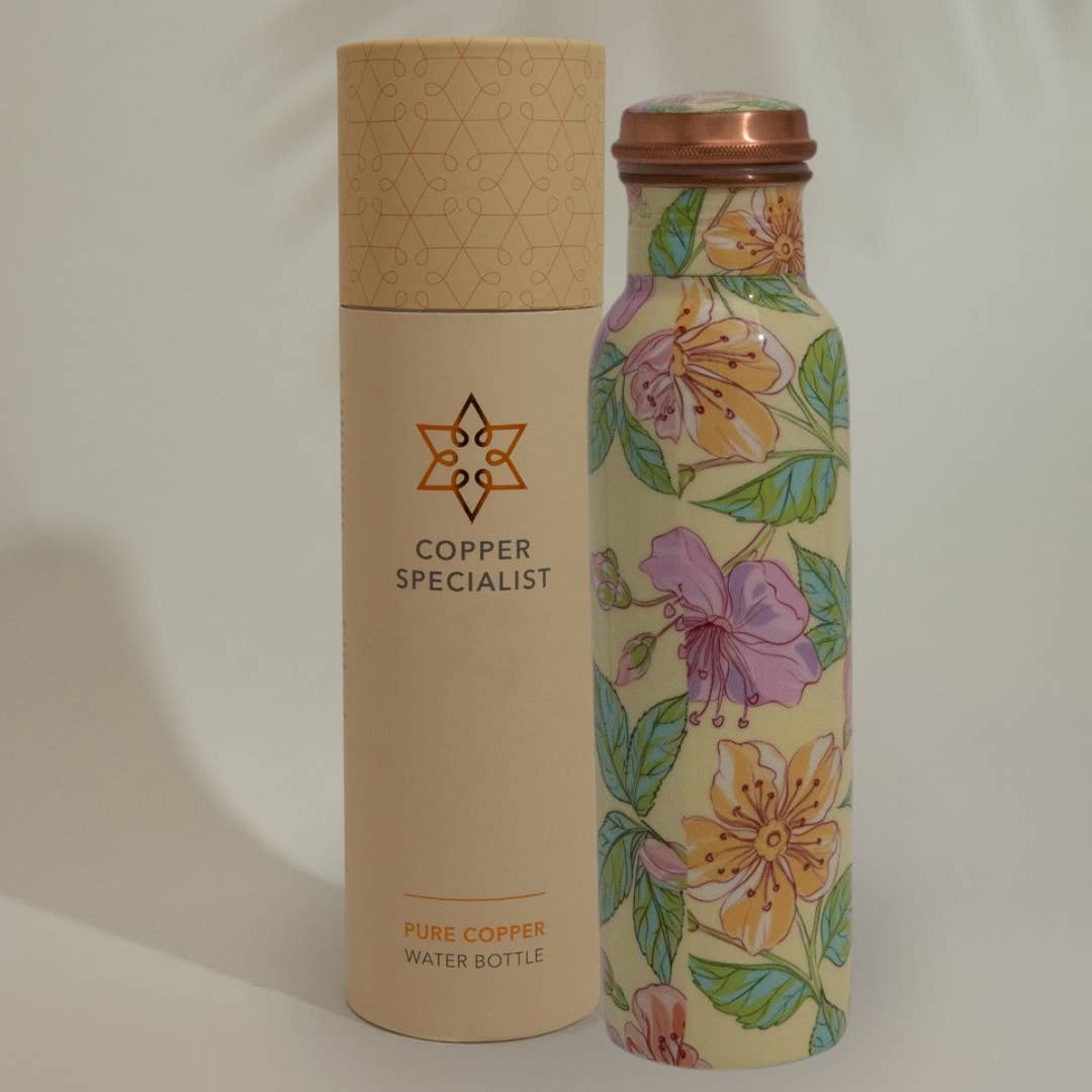 Pure Copper Water Bottle Floral Print Green / Pink / White